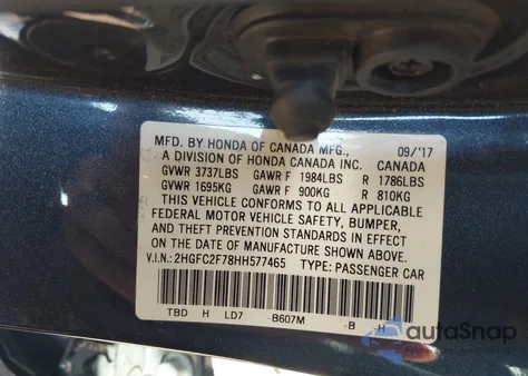 2017 Honda Civic Ex z USA, uszkodzony, nr VIN 2HGFC2F78HH577465